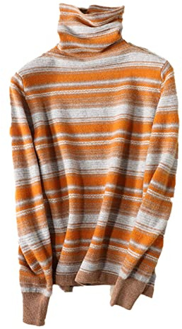 Dam kashmirtröja polokrage varm ull stickning jumper kvinnlig vintage randig pullover, Orange, L