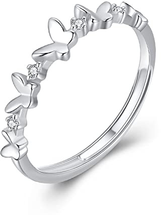 KristLand - Mujer Anillo de Mariposa, Ajustable Anillo de Plata 925, Bonito Anillo de Dedo con Circonita Cúbica, Regalo de cumpleaños para Mujeres Damas Niñas