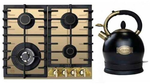 Kaiser Gas-Kochfeld, Gas-Kochfeld,60cm, Elfenbein Glas, Retro Einbau Herd, 3,8kW WOK Facette vorne Metallplate Bronze, Brenner Gold + WK 2000 Em Exklusiver Retro Wasserkocher Kontroll LED 2 L 1800W