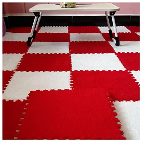 12 Pcs Interlocking Carpet Tiles, Plush Foam Square Floor Mats Set, Puzzle Floor Mat For Living Room, Bedroom And Hard Floor, 12 Tiles/12 Sq.Ft(Color:Red+White)