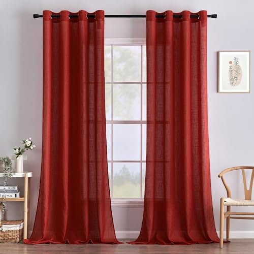 MIULEE Gardinen Vorhänge Schlafzimmer Vorhang Rot Gardine Wohnzimmer Leinenoptik Gardinen mit Ösen Fenster Halbtransparent Vorhang Modern Innen Balkontür Küche Vorhänge 140 x 215 cm