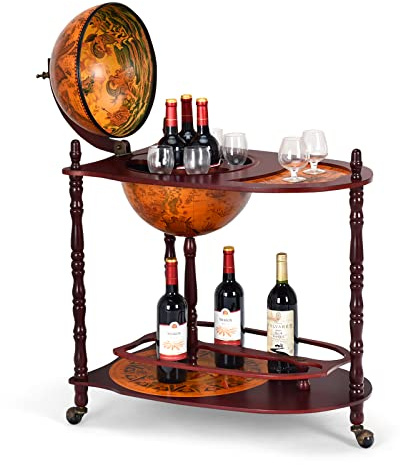 COSTWAY Bar Globe Terrestre Vintage Mappemonde en Bois d'Eucalyptus avec Roulette, Porte-Bouteilles 16e Siècle pour Stocker Bouteilles et Verres