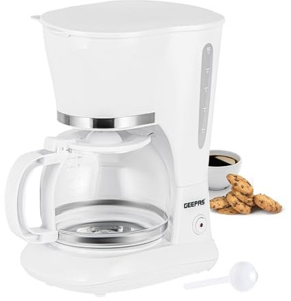GEEPAS 1.5L Filter Coffee Machine | 800W Coffee Maker for Instant Coffee, Espresso, Macchiato & More | Boil-Dry Protection, Anti-Drip Function, Automatic Turn-Off Feature, White