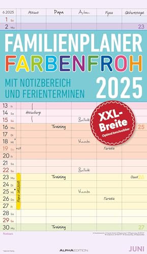 Alpha Edition - Familienplaner Farbenfroh 2025 Familientimer, 26x45cm, Familienkalender mit 5 Spalten für Termine, viel Platz für Notizmöglichkeiten, Ferientermine DE/AT/CH, deutsches Kalendarium