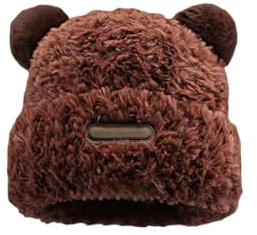 MANGGUO Niedliche Fuzzy-Bären-Mütze, Hautfreundliche Plüsch-Bär-Beanie Mit Ohren für Frauen (Brown)