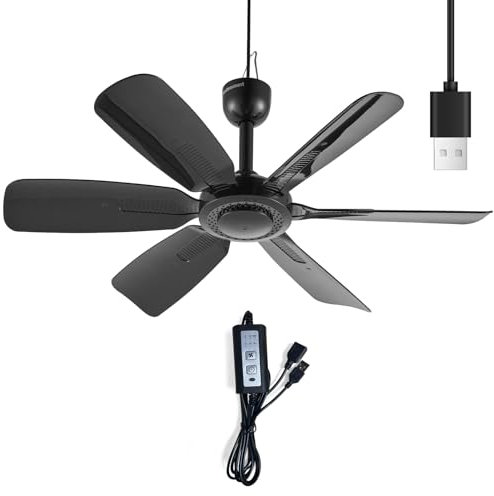 bestmoument Kleiner tragbarer Deckenventilator mit Geschwindigkeits-Timer, USB-Stecker, 5 V Gleichstrom, 6 Flügel, Indoor/Outdoor, Wohnmobil, Camping, Zelt, Baldachin, Pavillon, Strand, hängend, leise