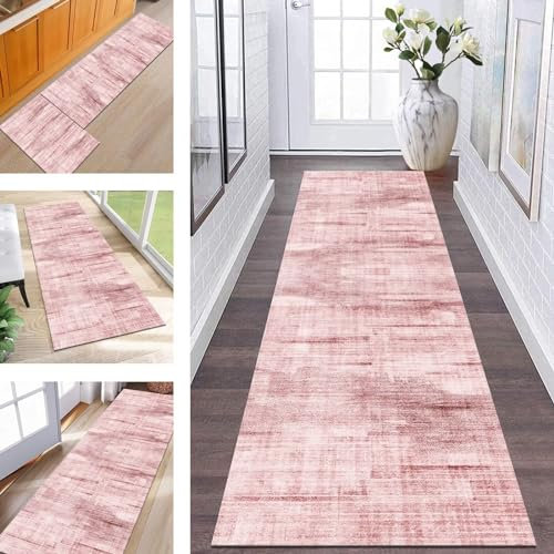 Wassly Teppich Läufer Lang Flur rutschfest waschbar Teppichmatte Küchenläufer 50X120CM Rosa Weiß Korridor Läufer Teppich Küchenmat Meterware Flurteppich Dauerhaft Wohnzimmer Schlafzimmer Esszimmer