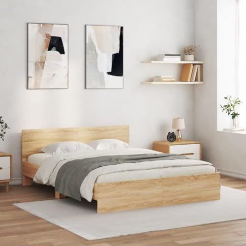 Faroom Holzbett Futonbett Bett 140x190 cm mit Lattenrost & Kopfteil, Bettrahmen Holzwerkstoff Einzelbett Doppelbett Bettgestell Sonoma-Eiche