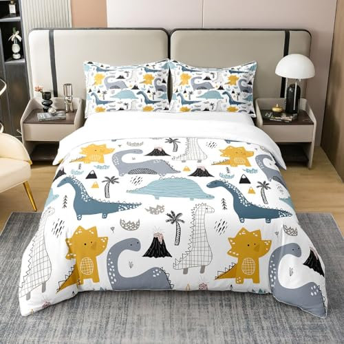 Loussiesd Kinder Bettwäsche Set 155x220cm 100% Baumwollecm Dinosaurier Drucken Bettbezug Set Cartoon Tiere Schön Dino Muster Betten Set Weiche mit 1 Kissenbezug 80x80cm für Mädchen Jungen