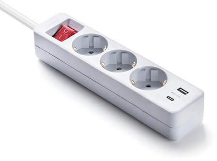 FAMATEL – Regleta ecosockets 3 Tomas con Puertos USB y USB C | Enchufes con Interruptor de Encendido | Compatible con Móviles I 1.5 Metros | hasta 3680W | Protección Infantil | Blanco