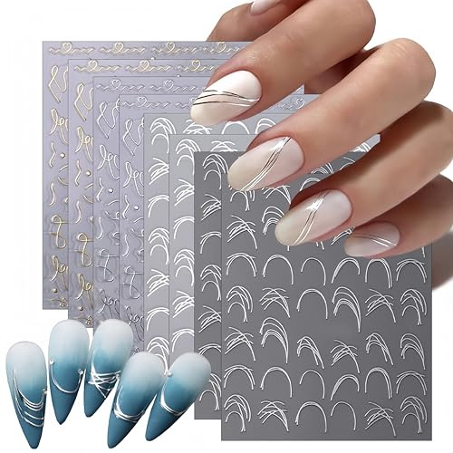 8 Stück Französische Linien Nagel-Aufkleber 3D Selbstaufkleber Gold Silber Metall Farbmuster Nagel-Aufkleber Unregelmäßige Französische Linien Nagelwaren für Frauen und Mädchen DIY Nagel-Dekoration
