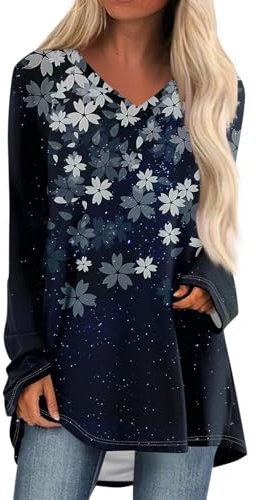 t-Shirt Damen Elegante Oberteile Mittelalter Bluse Blumen Druck V-Ausschnitt Langarm Casual Herbst Tops musselin Kurzarm sommertops(Dark Blue, XXL)