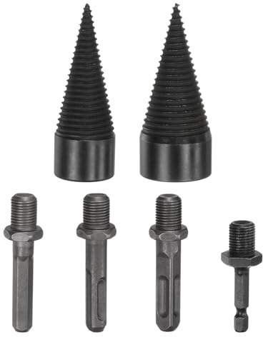 M METERXITY 2-Pack Wood Splitter Drill Bit 32mm + 38mm + 4 Handles (Square + Round + Hex Shank + Small Hex) Firewood Log Splitter Drill Bit for Family/Outdoor/Stove/Farm [Black+Grey]