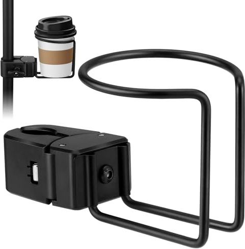 Clamp-On Cup Holder for Vertical Round Poles - Fits Most Round-Rod Stands, Grill Racks, Wheelchairs & Railings - Holds Coffee, Beer, Water & Drink Cups