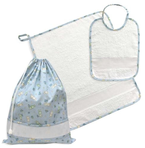 Set Asilo da ricamare a Punto Croce, Tre Pezzi, Sacchetto salvietta e bavaglia, Spugna Bianca con Tela Aida, Set per la Scuola Materna Fantasia Coniglietti (07 Azzurro)