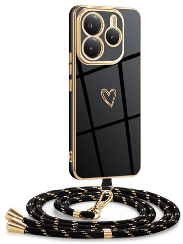 Mkej Coque pour Xiaomi Redmi Note 14 5G avec Cordon, Coque avec Collier Motif Coeur d'amour Silicone Galvanisé Housse, Réglable Amovible de Cordon Case pour Xiaomi Redmi Note 14 5G, Or Noir