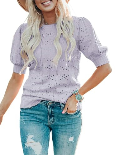 Timuspo Kortärmad tröja dam puffärm elegant skjorta kortärmad pullover överdel med rund hals ihålig avslappnad casual blus, Ljusviolett, M