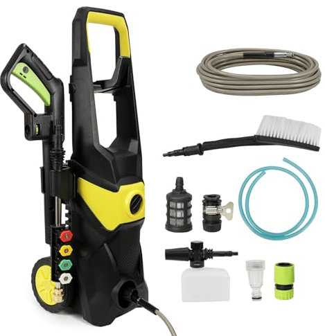 Nettoyeur Haute Pression, Max. 160 Bar, Débit : 420 l/h, Filtre à Eau, Poids : 4,4 kg, Pistolet et Flexible Haute Pression, pour Surfaces Extérieures et Autos, Puissance absorbée 1800 W