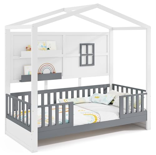 COSTWAY Husbädd 90 x 200 cm, barnsäng med fallskydd och 2 hyllor, husformad träsäng med fönster & stel sängbotten, Montessori-golvsäng, Vit + Grå