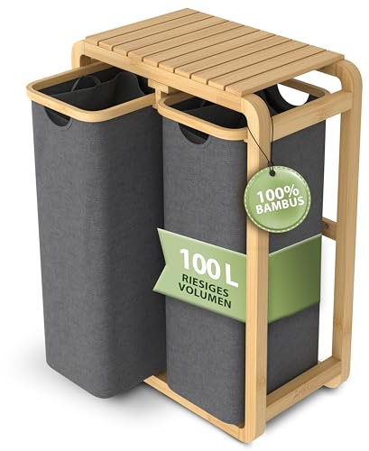AMBIAVO® Wäschekorb 2 Fächer grau 100 L – Platzsparendes Design – 50L pro Fach - Stabile Bambuskonstruktion – Ablagefläche – Herausnehmbare, waschbare Wäschesäcke