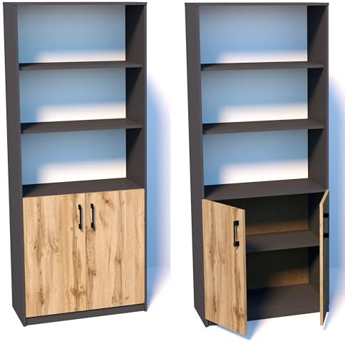 Praktische Bücherregal Schrank 180 cm mit 2 Türen 5 Fächern Groß Mehrzweckschrank Aktenschrank Büroschrank Haushaltsschrank (Graphit/Wotan)