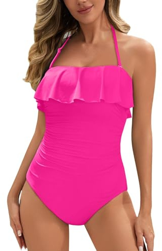 Generisch Maillots de bain sans bretelles pour femmes Maillots de bain Bandeau Volants Maillot de bain amincissant Bikini Haut Noir Armature, Rose, M