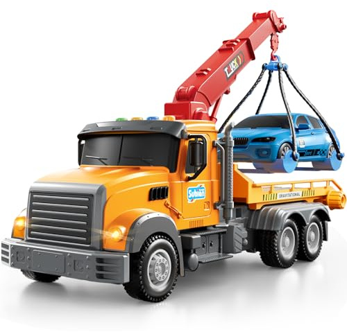 JUKUDAHU Kids Tow Truck Toy for Boys Age 3-5, Friction Powered Crane Transport Vehicle with Light and Sound, Flatbed Truck Toy, Birthday Gifts for Toddlers Boys Girls