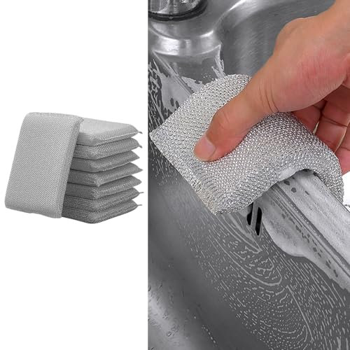 6 PCS Scourers Scouring Pads Sponge, Non Scratch Scrubbing Metal Scourer Reusable Kitchen and Bathroom Cleaning Long-Lasting Dish Multi-surface Pads Sponge（silvery）