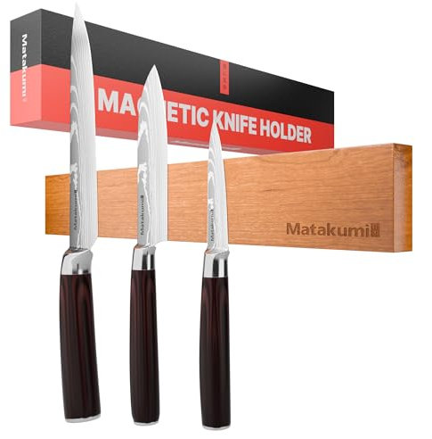 Matakumi Porte Couteaux Aimanté 40x6cm en Bois d’Acacia - Barre Magnétique Couteaux Murale, Range Couteaux Cuisine Auto-Adhésif ou à Visser