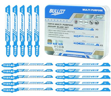 BULLITT 15PCS Professional Jigsaw Blade Set,Multi-purpose Jigsaw Blades 5*T118A+5*T101A+5*T101AO with T-shank Designed for Cutting on Wood,Metal,Plactic,Professional Accessories for Jigsaws