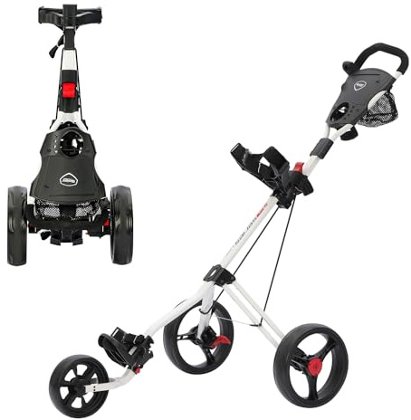 XDriveMax GC27 Chariot de golf pliable à 3 roues, léger, pour clubs de golf et sac de golf, avec porte-gobelet, porte-carte de score et compartiment de rangement (blanc)