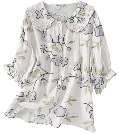 Haut d'été bohème pour femme, nuisette Y2k à volants à manches 3/4, col claudine, chemisier boutonné vintage décontracté, blanc, XL