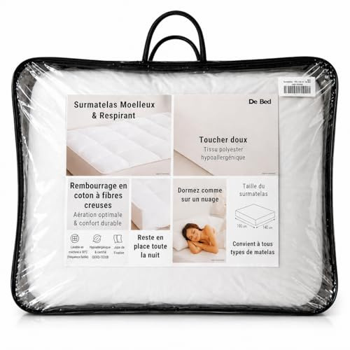 De Bed Surmatelas 140x190 cm Ultra Moelleux – Effet Nuage & Respirant – Garnissage Microfibre Hypoallergénique – Housse Douce avec Jupe Élastique – Sac Inclus
