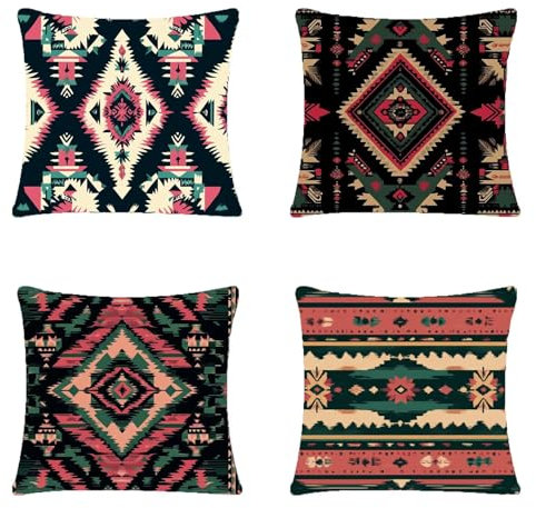 4 Stück Outdoor Kissen 80x80cm Leinen Material Balkon Dekoration, Outdoor Kissen Farbe Bohemie Doppelseitiger Druck, Sehr geeignet für Camping im Freien Garten Bank Terrassen Auto Dekoration jy-77