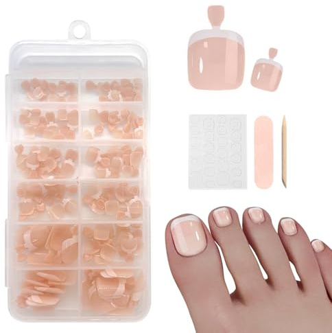 SANJSJHXJ 120Pcs Press On Nails Füße, Fake Nails Tips, Natural Pink & White Smile Edge, Full Cover Toe Nails with Adhesive Tabs, 12 Sizes, Perfect for DIY Manicure & Pedicure
