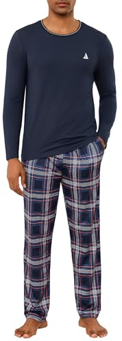 Jahetuul Pyjama Homme Long en Coton Hiver à Col Rond avec Poches | Pantalon à carreaux avec poches pratiques et taille confortable, idéal comme vêtement de nuit homme pour l’hiver.