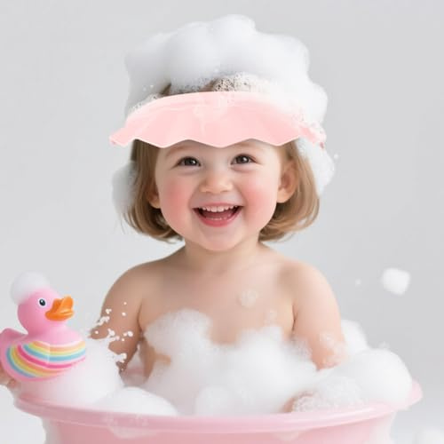 ZONJIE Baby Shower Cap, Kids Hair Washing Shield, Adjustable Bath Head Cap Visor for Washing Hair Safe, Children Shampoo Cap, Bath Head Shield for Eyes&Ears Protector (Pink)