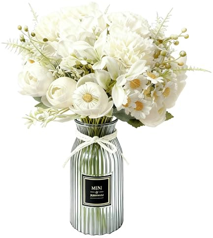BOBISHE Weiß Blumenstrauß Kunstblumen Wie Echt 3 Bündel künstlicher blumenstrauß mit Geschenkpapier, 20m Geschenkband,Künstlich Blumen Rosen Bouquet für Hochzeit, Valentinstag Muttertag, Geburtstag