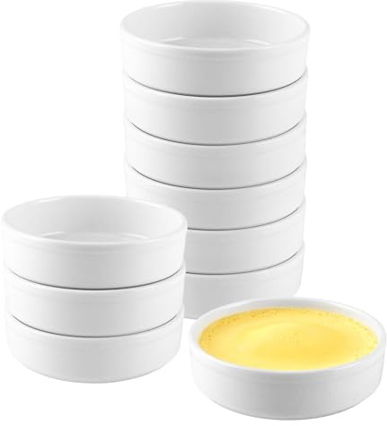 APACALI Pack of 10 Ramekins, 240 ml Creme Brulee Ramekins, Tartelette Moulds, Ceramic, Flat Souffle Bowls for Baking Custard, Mini Cakes, Pudding and Dipping Sauces