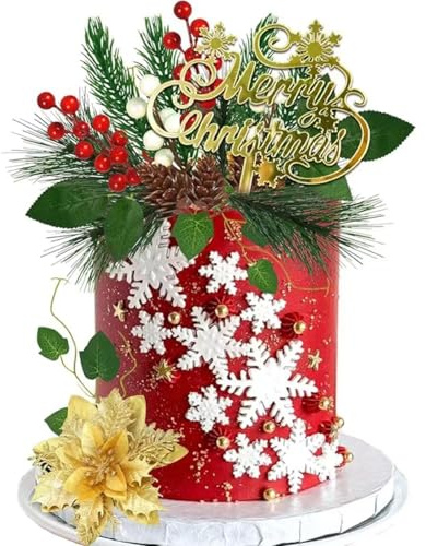 FOSDICK 15Pcs Tortendeko Weihnachten, Kuchen Deko Weihnachten, Tortendekoration weihnachten, Kunstblumen Kunstblätter Tannenzapfen Beeren Deko Merry Christmas Cake Topper, Christmas Cake Decorations