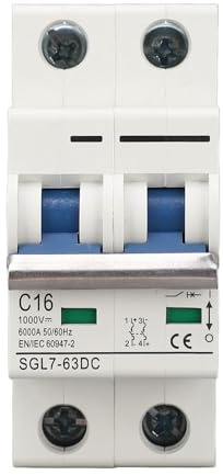 ZJchao Disjoncteur Miniature DC 2P 16 A 1000 V à Montage sur Rail DIN à Libération Magnétique Thermique pour Système Solaire PV, Interrupteur de Déconnexion pour Systèmes D'énergie