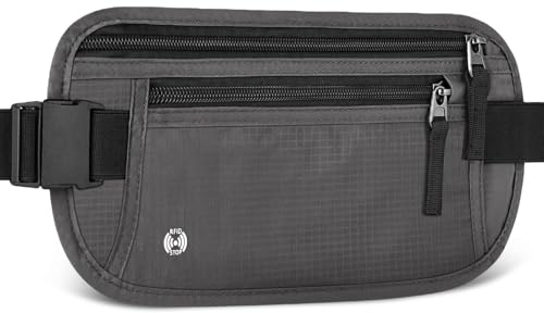 Aucuu Cinturones de Dinero Ocultos, Riñonera de Seguridad Antirrobo con Bloqueo RFID, Riñonera Viaje Deportiva, Cinturón Ajustable para Pasaportes, Tarjetas y Efectivo, Gris Oscuro