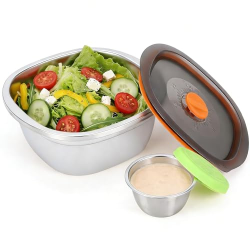 Punorric Salad Lunch Box 1500ml Stainless Steel Bowls with Lids, Airtight Salad Bowl with Dipping Container and Time Record, Oven Dishwasher Safe Salad Pod for Home Kitchen, Picnics