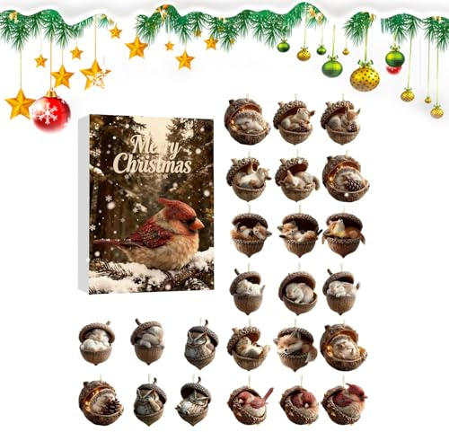 2025 Waldtier-Eichelornamente Weihnachts-Adventskalender | 2D-Countdown-Kalender Aus Acryl Mit Tieranhängern | Für, Erwachsene, Kinder, Baum1, Fenster, Wand, Tür, Kaminsims