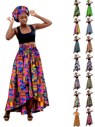 Falda Larga de Cintura Alta para Mujer con pañuelo a Juego, Estampado Ankara Africano, Conjunto étnico Veraniego, Elegante y cómodo, Ideal para Verano, Vacaciones o Looks Boho Chic (Rosa Caliente, S)