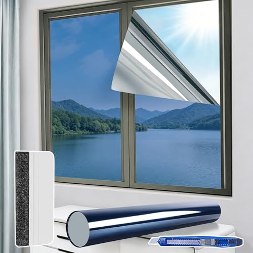 Spiegelfolie Fenster Sichtschutz, 44.5x400cm Selbstklebend Sonnenschutzfolie Fenster innen UV Schutz Reflektierende Fensterfolie, Rückstandslose Hitzeschutz, Fensterfolie Blau Silber