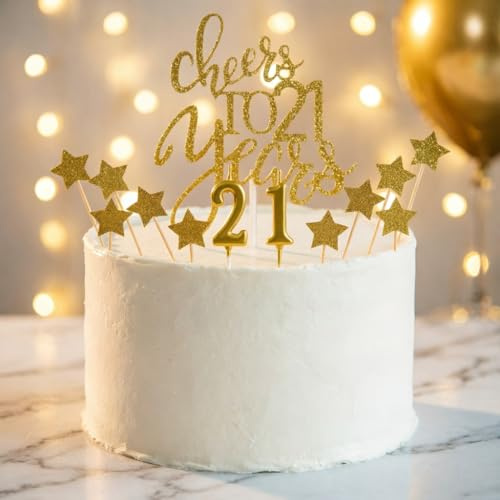 21st Birthday Cake Topper Gold Glitter - Complete Cake Decoration Set with Number Candles & Star Cupcake Toppers - Cheers to 21 Years Party Decor (Golden)