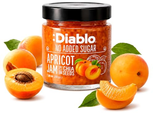 Diablo Apricot Fruit Jam with Chia Seeds, No Added Sugar Jam Spread, 55% Real Fruit, No Added Preservatives, Halal Fruit Spread for Toast, Breakfast, Baking and Snacks - 230g, Pack of 1
