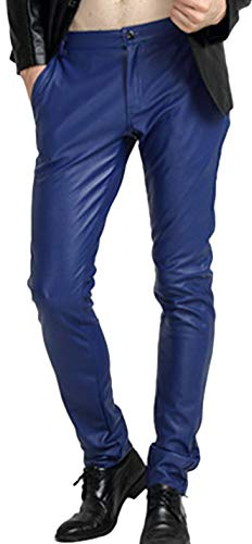 Yeokou Men's Skinny Straight Leg Tapered Pu Faux Leather Motorcycle Biker Pants (34, Blue)