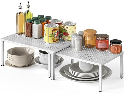 Simple Houseware Expandable Stackable Kitchen Counter Shelf Organizer, White, Metal Top, 11.25L x 7.9W x 5.4H